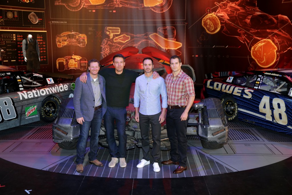 "Batman v Superman: Dawn of Justice" stars Ben Affleck and Henry Cavill get an in-depth look at Dale Earnhardt Jr.'s film-inspired No. 88 Batman Chevrolet and Jimmie Johnson's No. 48 Superman Chevrolet at Warner Bros. Studios on Thursday, March 17, 2016, in Burbank, CA. (Photo by Eric Charbonneau/Invision for Warner Bros./AP Images)